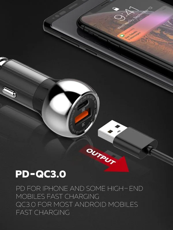 LDNIO φορτιστής αυτοκινήτου C1 με καλώδιο, USB & USB-C, 38W PD, μαύρος — εικόνα 3