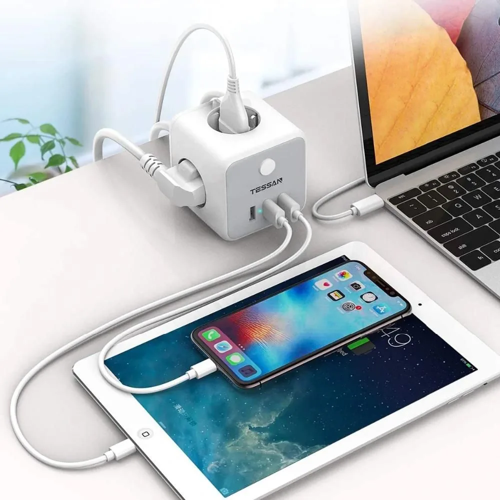 TESSAN TS301 πολύμπριζο 3 ΘΕΣΕΩΝ, 3 USB, Γκρι/λευκο — εικόνα 3