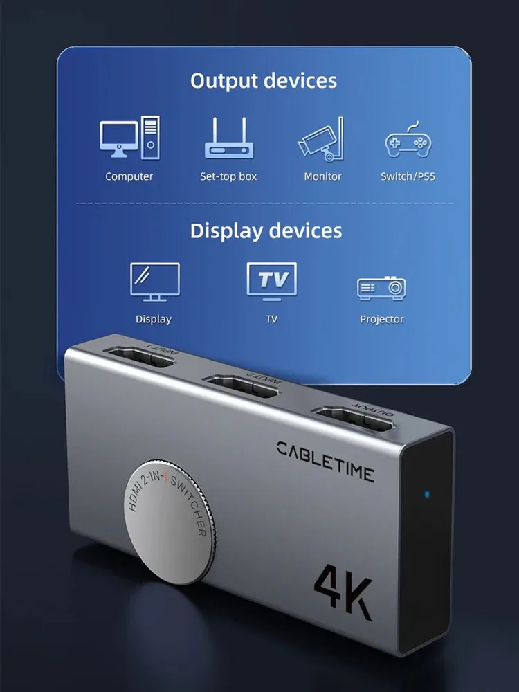 CABLETIME HDMI switch CT-HS4K2-AG, 2 σε 1, 4K/60Hz, bi-directional, γκρι — εικόνα 4