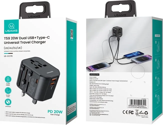 USAMS φορτιστής/αντάπτορας πρίζας US-CC179, USB-C & 2x USB, universal, 20W, μαύρος — εικόνα 3