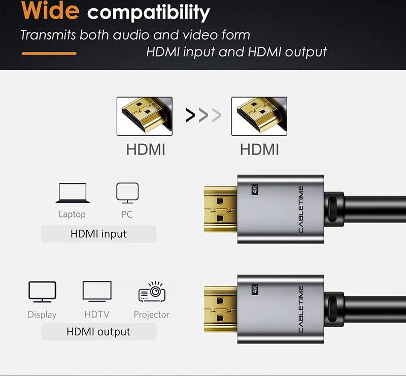 CABLETIME καλώδιο HDMI 2.0 CT-PHE2G, 4K/60Hz, 1m, μαύρο — εικόνα 2