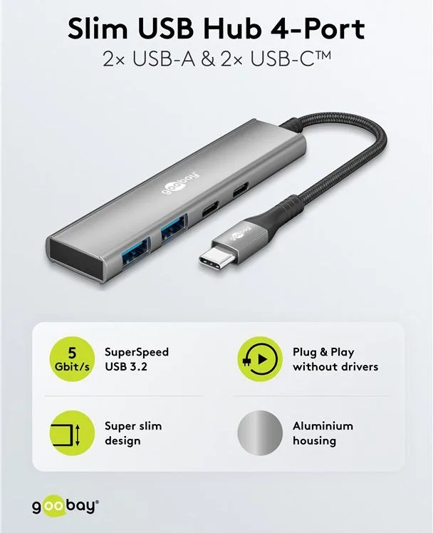 GOOBAY USB hub 76563, 4x θυρών, USB 3.2, 5Gbps, USB-C σύνδεση, γκρι — εικόνα 3