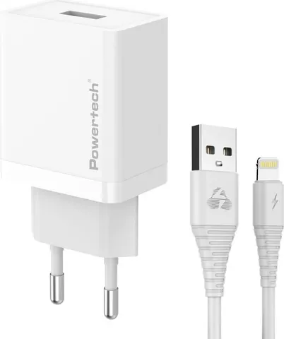 POWERTECH φορτιστής τοίχου PT-1323 με καλώδιο Lightning, USB, 12W, λευκός