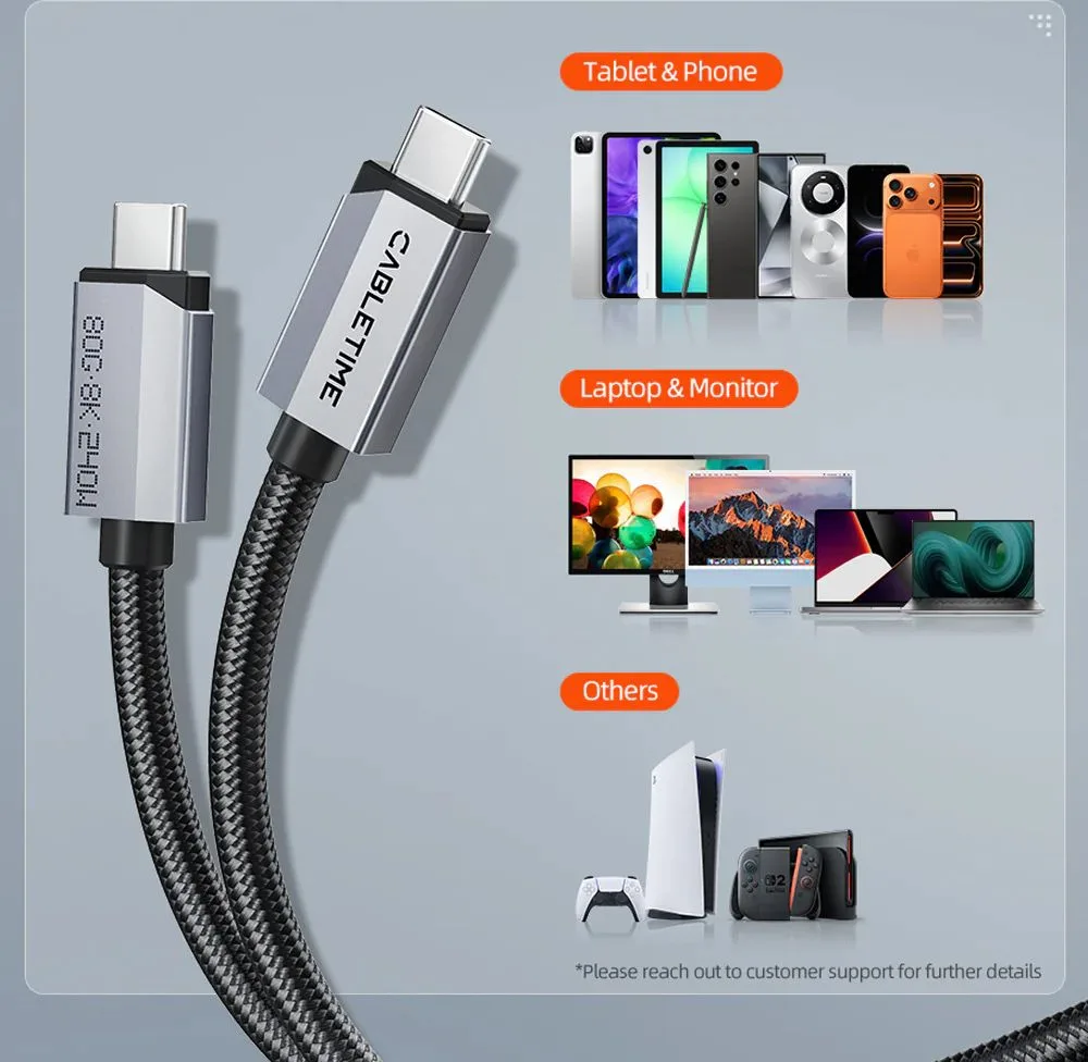 CABLETIME καλώδιο USB-C CT-USB4V2, USB4, 240W, 80Gbps, 8K/60Hz, 1m, μαύρο — εικόνα 6