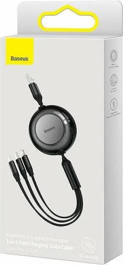 BASEUS Bright Mirror 2 Series, 3 ΣΕ 1, Retractable, Type-C + Micro USB + Lightning, 3.5A, 1.1M, μαύρο — εικόνα 3