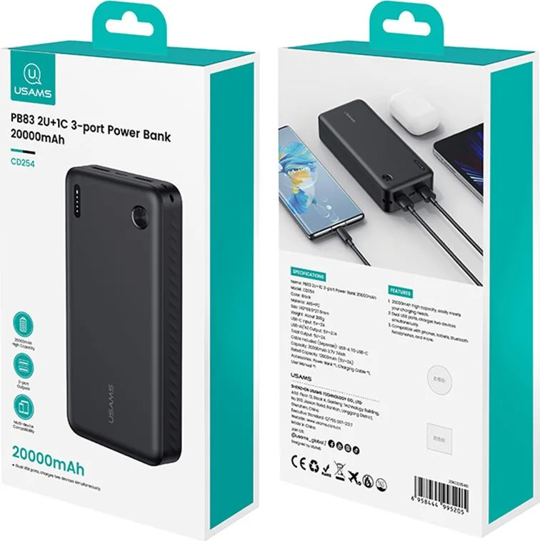 USAMS power bank CD254, 2x θύρες εξόδου, 20000mAh, 10W, μαύρο — εικόνα 7