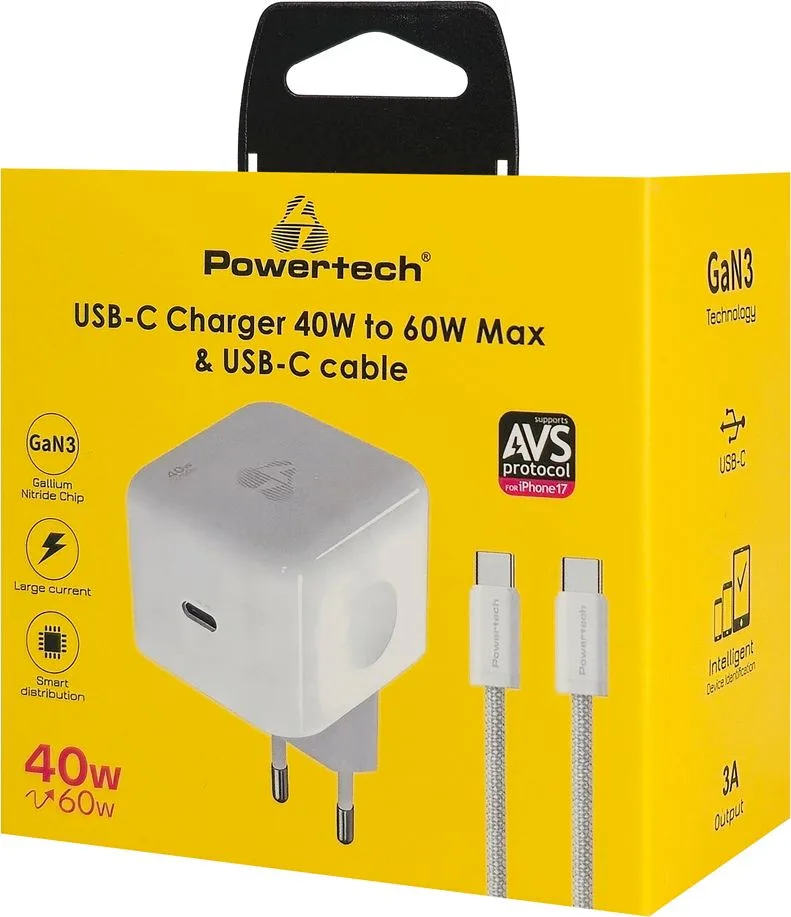 POWERTECH φορτιστής τοίχου PT-1581 με καλώδιο, USB-C, 40 έως 60W, GaN, AVS, λευκός — εικόνα 4