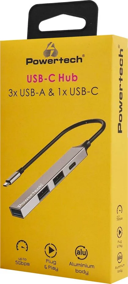 POWERTECH USB hub PT-1412, 4x θυρών, USB 3.2, 5Gbps, USB-C σύνδεση, γκρι — εικόνα 2