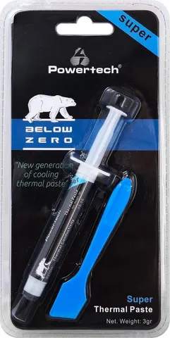 Θερμοαγώγιμη πάστα Powertech Below Zero PT-490 σε διάφανη σύριγγα με μπλε και μαύρη συσκευασία blister, συν αξεσουάρ εφαρμογής