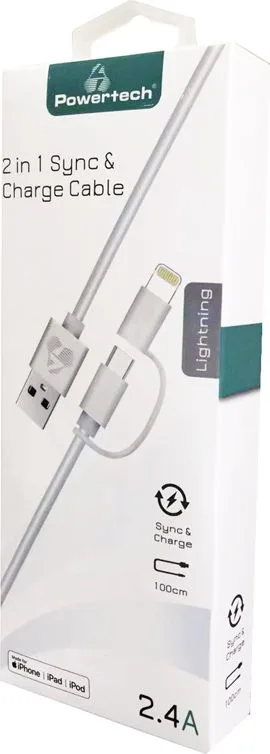 POWERTECH καλώδιο USB σε Micro/Lightning PT-707, MFi, 2.4A, 1m, λευκό — εικόνα 2