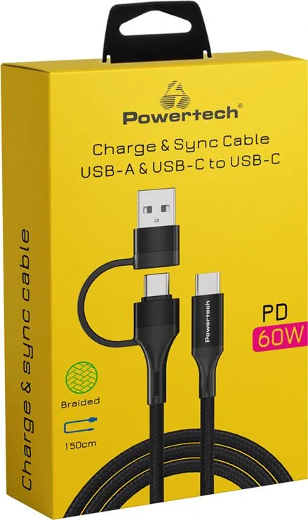 POWERTECH καλώδιο USB & USB-C σε USB-C PTR-0158, PD 60W, copper, 1.5m, μαύρο — εικόνα 2