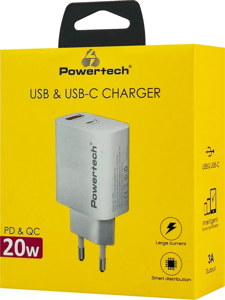 POWERTECH φορτιστής τοίχου PT-1493, USB/USB-C, 20W, λευκός — εικόνα 2