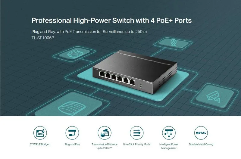 TP-LINK desktop switch TL-SF1006P, 6-Port 10/100Mbps, 4x PoE+, Ver. 1.0 — εικόνα 2