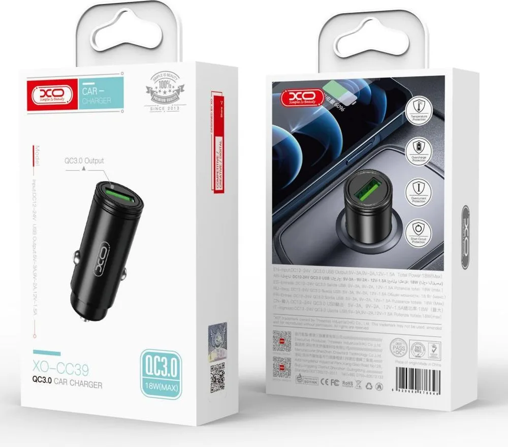 XO CC39 φορτιστής ΑΥΤΟΚΙΝΗΤΟΥ 18W QC3.0, ΜΕΤΑΛΛΙΚΟΣ, 1 θύρα, ΜΑΥΡΟΣ — εικόνα 3