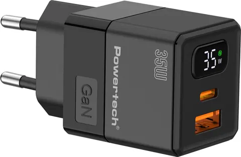 POWERTECH φορτιστής τοίχου PT-1499 με οθόνη, USB/USB-C, 35W, GaN, μαύρος