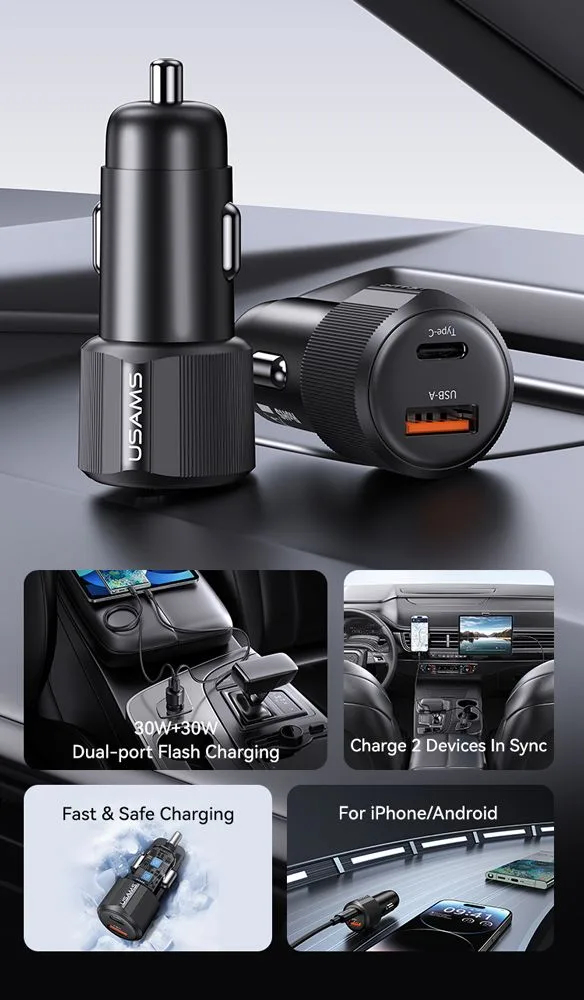 USAMS φορτιστής αυτοκινήτου CC283, USB & USB-C, 60W, μαύρος — εικόνα 3