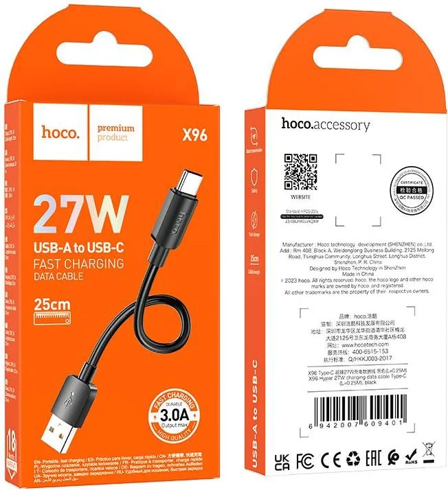 HOCO X96 καλώδιο φόρτισης και δεδομένων Hyper Type-C, 27W, 0.25m, μαύρο — εικόνα 3