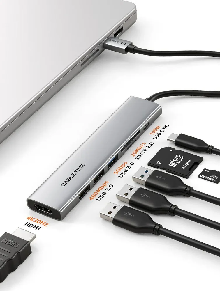 CABLETIME docking station CT-HBP2-AG7, 7 θυρών, USB-C, 4K, 100W, γκρι — εικόνα 2