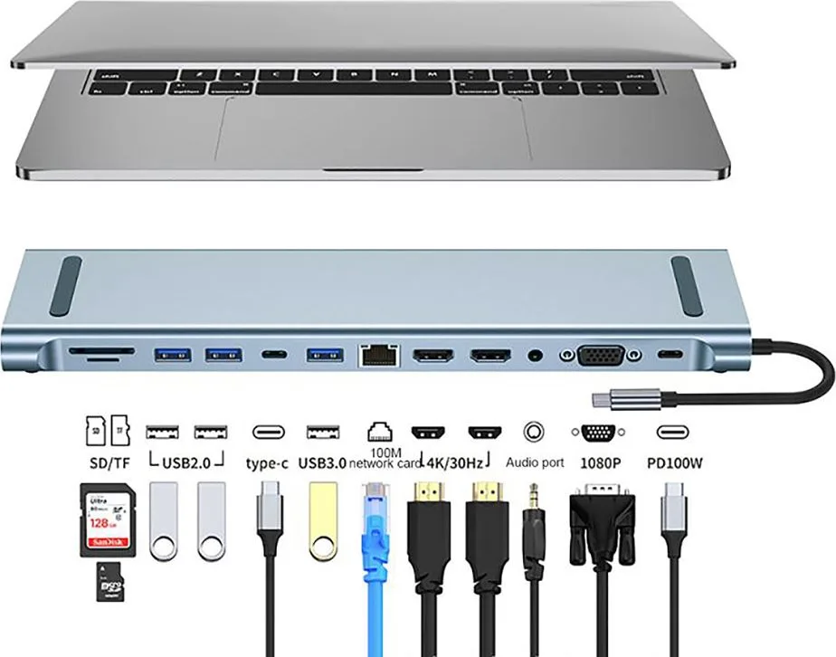 POWERTECH docking station BYL-2003U2, 12 θυρών, βάση laptop, USB-C, γκρι — εικόνα 2