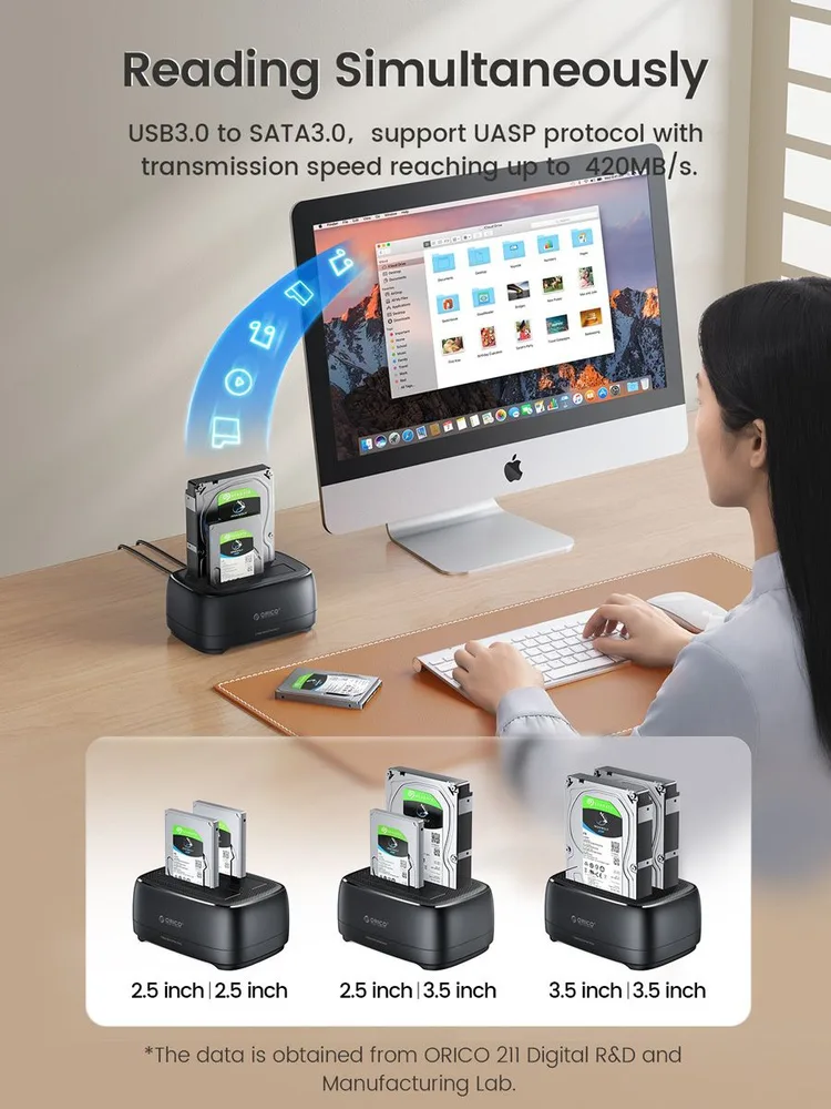 ORICO docking station για 2.5" ή 3.5" SATA HDD/SSD DD28U3-C, 2 θέσεων, 5Gbps, clone function, μαύρο — εικόνα 5