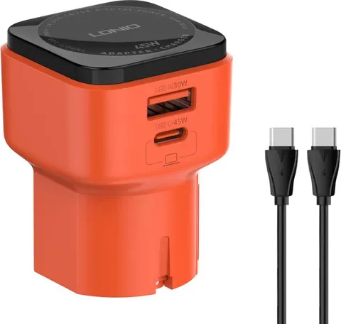 LDNIO φορτιστής τοίχου Q2420 με καλώδιο, USB/USB-C, 45W, universal πρίζα, πορτοκαλί