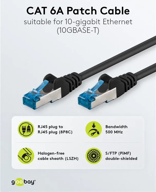 GOOBAY καλώδιο δικτύου 93664, CAT 6A S/FTP, 500MHz, Copper, 0.5m, μαύρο — εικόνα 2