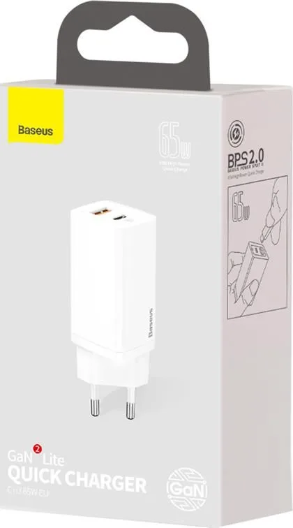 BASEUS GAN 2 Lite φορτιστής ΓΡΗΓΟΡΗΣ φόρτισης, 2 ΘΥΡΕΣ, 65W, ΛΕΥΚΟΣ — εικόνα 3