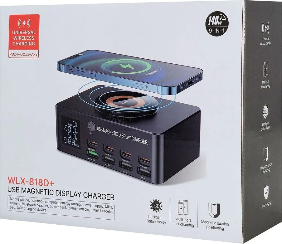 POWERTECH σταθμός φόρτισης PT-1625 με οθόνη, 4x USB/4x USB-C/wireless, 140W, μαύρος — εικόνα 6