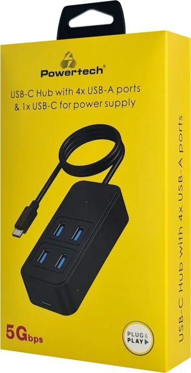 POWERTECH USB 3.2 hub PTR-0156 4x θυρών, 5Gbps, USB-C σύνδεση, 1m, μαύρο — εικόνα 2
