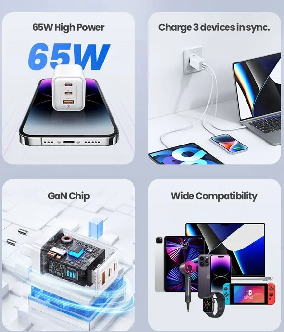 USAMS φορτιστής τοίχου US-CC180, USB & 2x USB-C, 65W PD, GaN, μαύρος — εικόνα 3