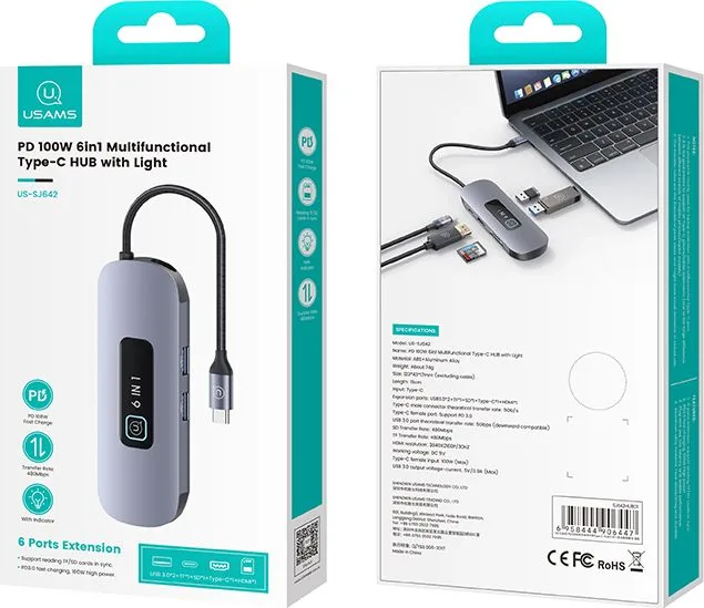 USAMS docking station US-SJ643, 8 θυρών, USB-C, 4K, 100W PD, LAN, γκρι — εικόνα 9