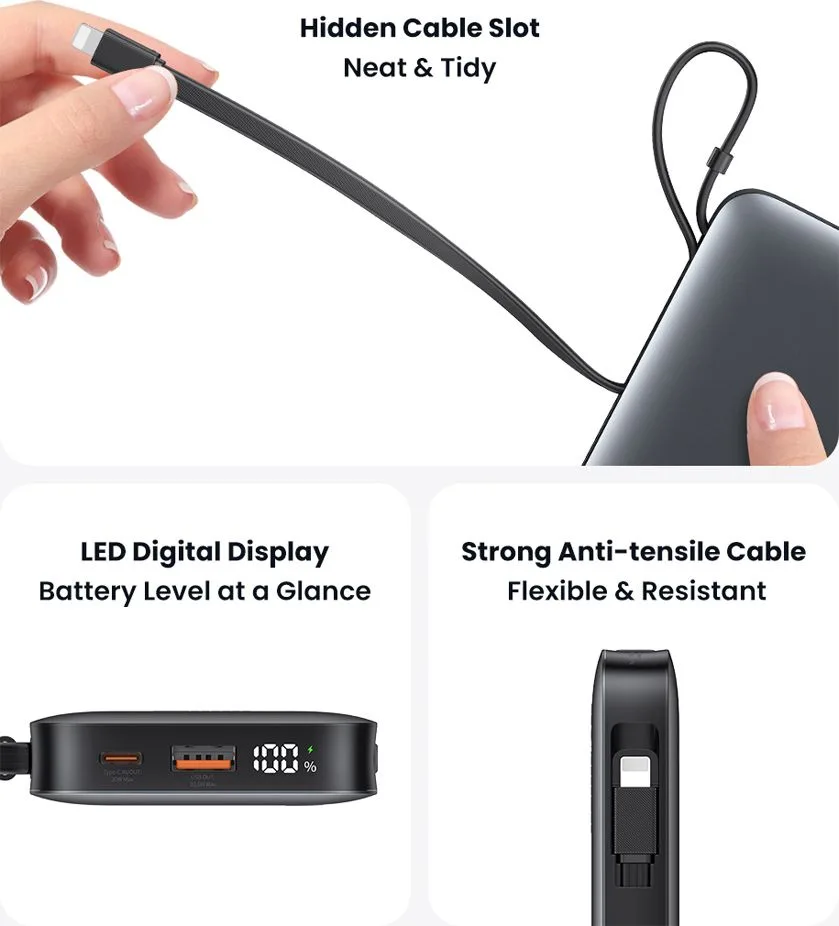 USAMS power bank CD228 με 2x καλώδια, 2x θύρες εξόδου, 10000mAh, 20W, γκρι — εικόνα 5