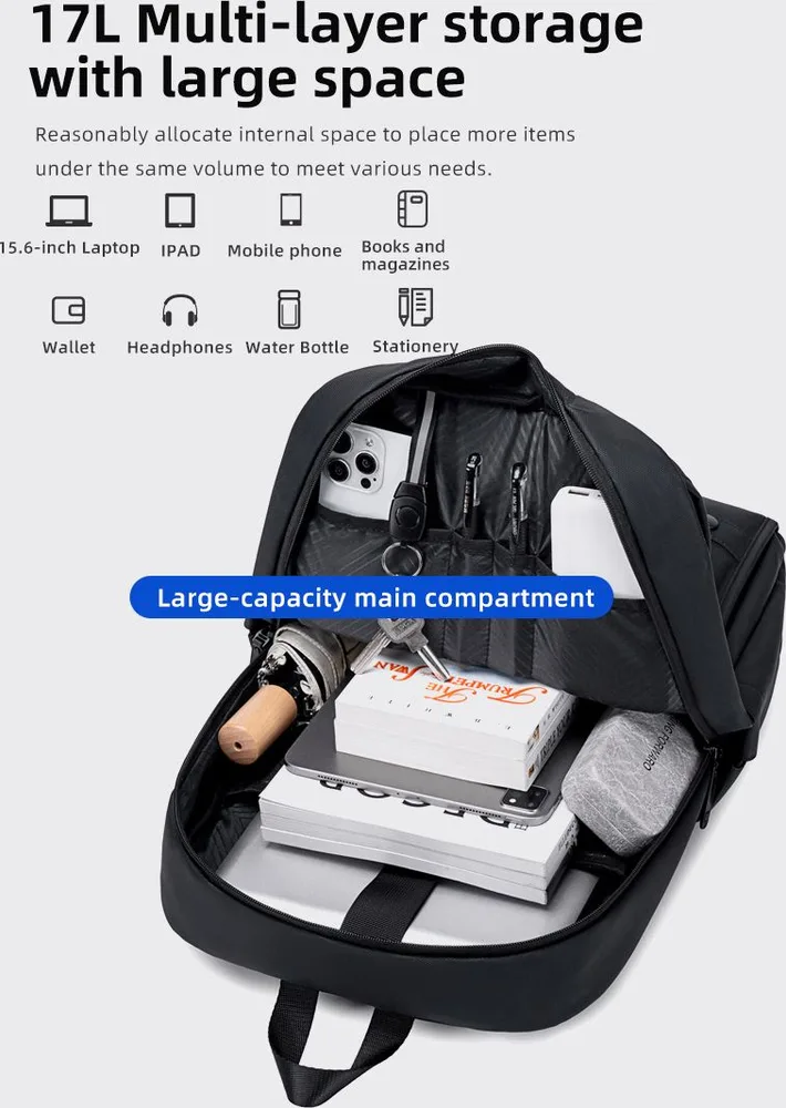 GOLDEN WOLF τσάντα πλάτης GB00705 με θήκη laptop 15.6", 17L, μαύρη — εικόνα 4
