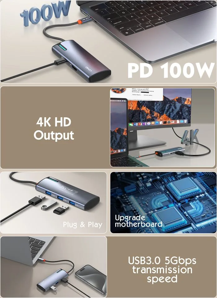 LDNIO docking station DS-15H, 5 θυρών, USB-C σύνδεση, 4K, 100W PD, γκρι — εικόνα 6