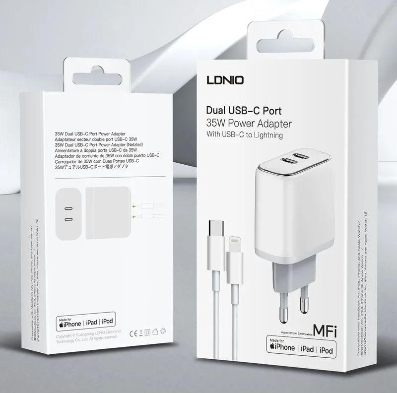 LDNIO φορτιστής τοίχου A2528M με καλώδιο, 2x USB-C, 35W, MFi, λευκό — εικόνα 8