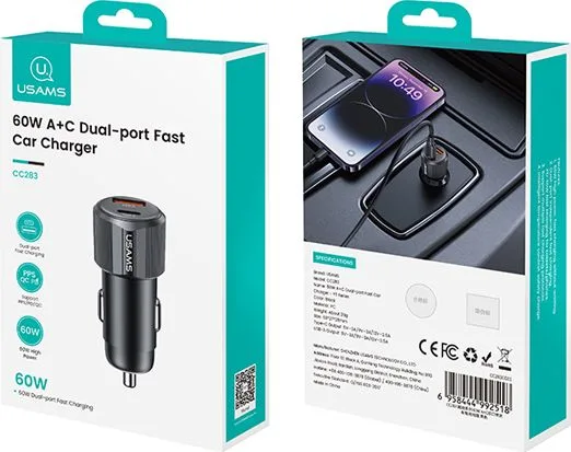 USAMS φορτιστής αυτοκινήτου CC283, USB & USB-C, 60W, μαύρος — εικόνα 5