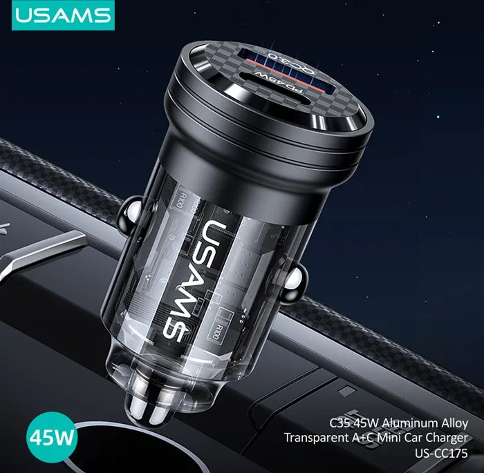 USAMS φορτιστής αυτοκινήτου US-CC175, USB & USB-C, 45W, QC & PD, μαύρος — εικόνα 2
