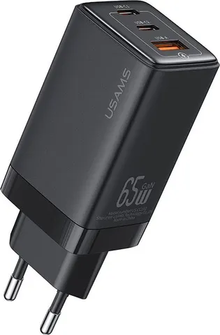 USAMS φορτιστής τοίχου US-CC180, USB & 2x USB-C, 65W PD, GaN, μαύρος