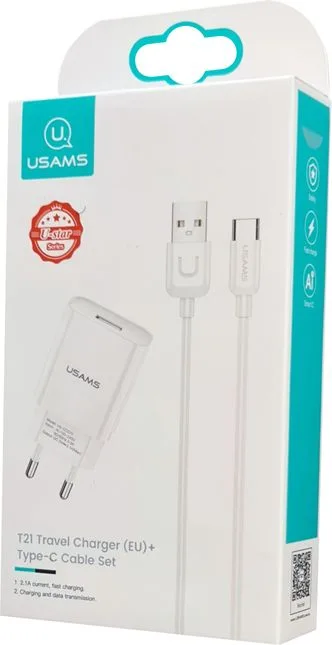 USAMS φορτιστής τοίχου T21OCTC01 με καλώδιο USB-C, USB 2.1A, λευκός — εικόνα 3