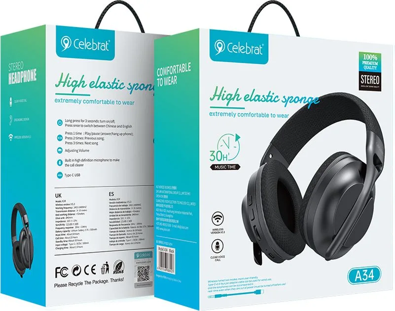 CELEBRAT headphones A34, ασύρματα & ενσύρματα, 40mm, 300mAh, μαύρα — εικόνα 7