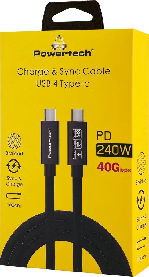 POWERTECH καλώδιο USB-C PTR-0165, USB4, 240W, 40Gbps, 8K/60Hz, 1m, μαύρο — εικόνα 2