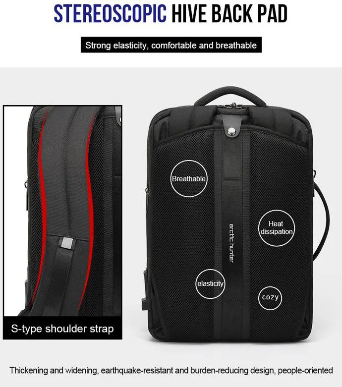 ARCTIC HUNTER τσάντα πλάτης B00345 με θήκη laptop 15.6", USB, 19-32L, μαύρη — εικόνα 8