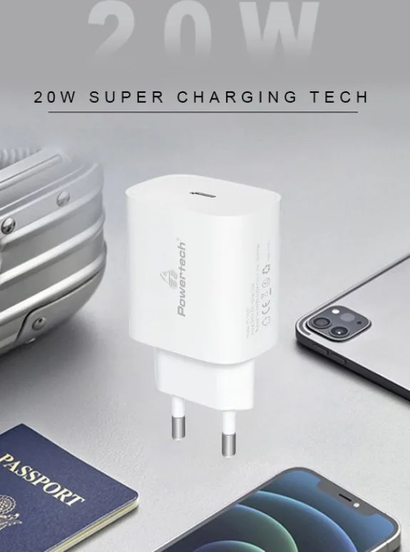 POWERTECH φορτιστής τοίχου PT-1091, USB-C, PD 20W, λευκός — εικόνα 2
