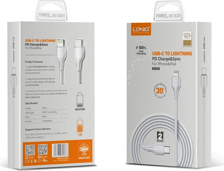 LDNIO καλώδιο Lightning σε USB-C LC122I, 30W PD, 2m, λευκό — εικόνα 5