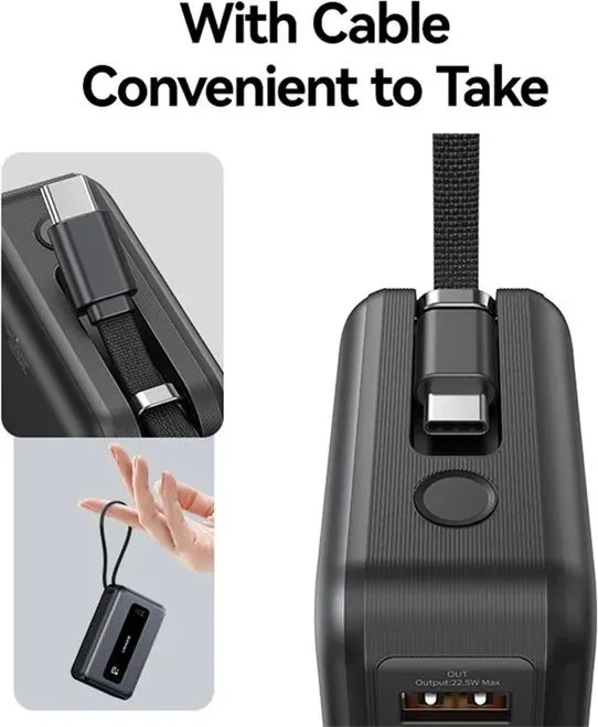 USAMS power bank CD243 με καλώδιο USB-C, 2x θύρες εξόδου, 20000mAh, 65W, γκρι — εικόνα 4