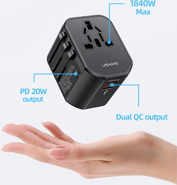 USAMS φορτιστής/αντάπτορας πρίζας US-CC179, USB-C & 2x USB, universal, 20W, μαύρος — εικόνα 4