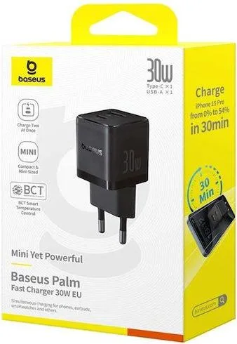 BASEUS Palm φορτιστής ΓΡΗΓΟΡΗΣ φόρτισης, 2 ΘΥΡΕΣ, 30W, ΜΑΥΡΟΣ — εικόνα 3