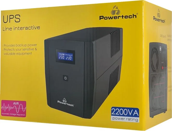 POWERTECH UPS Line Interactive PT-1298 με οθόνη, 2200VA, 1320W, 4x Schuko, 2x RJ45/RJ11, USB Type B — εικόνα 3