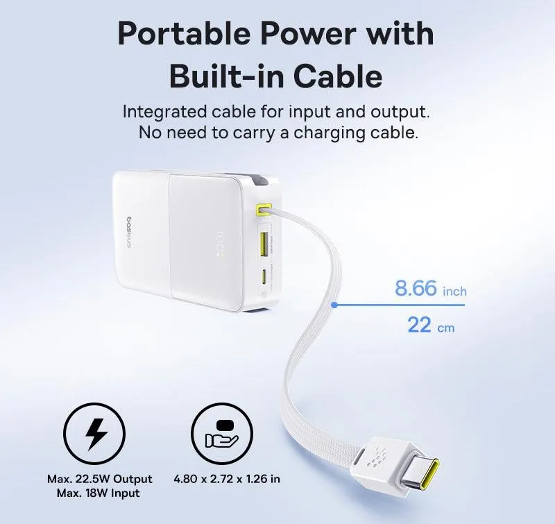 BASEUS Enerfill FC51 BIPOW2 PRO, Powerbank, 20000MAh, με καλώδιο Type-C, 22.5W, με ΨΗΦΙΑΚΗ οθόνη, λευκό — εικόνα 2