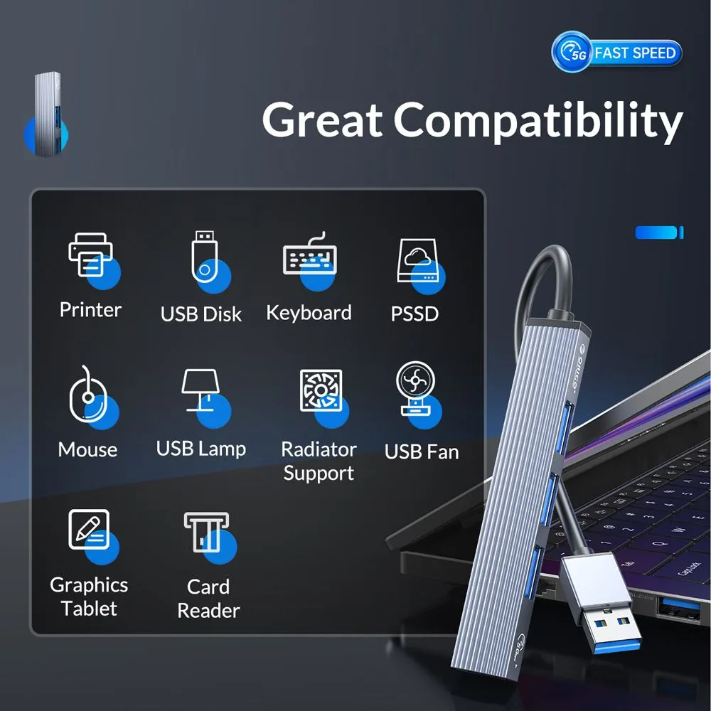 ORICO USB hub AH-A13, 4x θυρών, USB 3.0, 5Gbps, USB σύνδεση, γκρι — εικόνα 3
